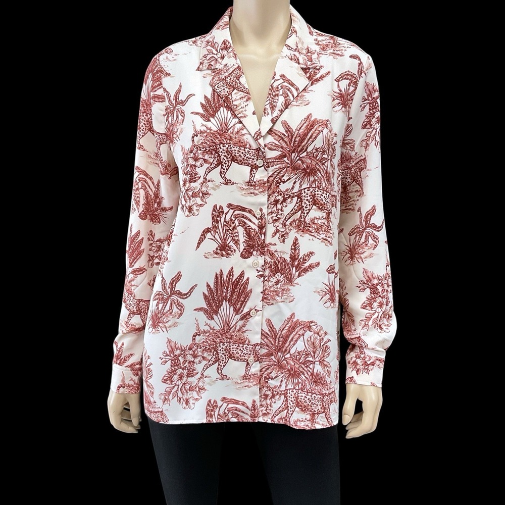 Rachel Zoe Shirt Women Medium Long Sleeve Button Up Jungle Animal Print Red NWT